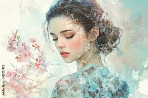A Woman with Closed Eyes and Watercolor Flowers