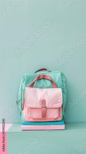 Green backpack pastel-colored on books. Minimalistic style on green and blue gradient background. education and fashion