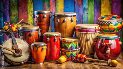 Vibrant colors abound in a lively arrangement of traditional Latin music instruments, including congas, bongos, timbales, maracas, and guiros, evoking energetic rhythms and festive spirit. photo