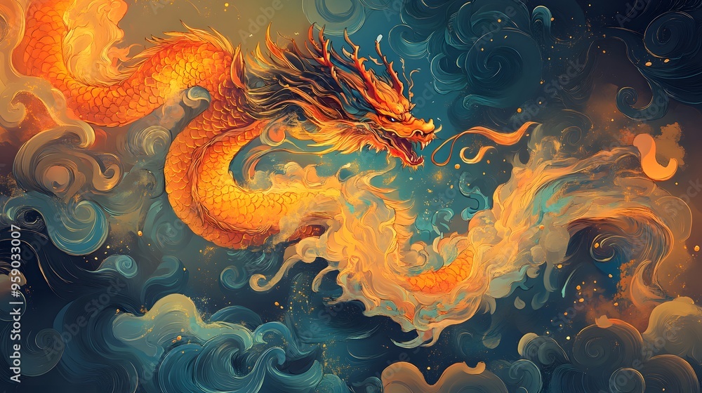 Chinese Zodiac Dragon with Fire and Water: A dragon intertwined with elements of fire and water, symbolizing its control over natural forces, illustrated in a dynamic and vibrant style.
Chinese Zodiac Dragon with Fire and Water: A dragon intertwined with elements of fire and water, symbolizing its control over natural forces, illustrated in a dynamic and vibrant style.
