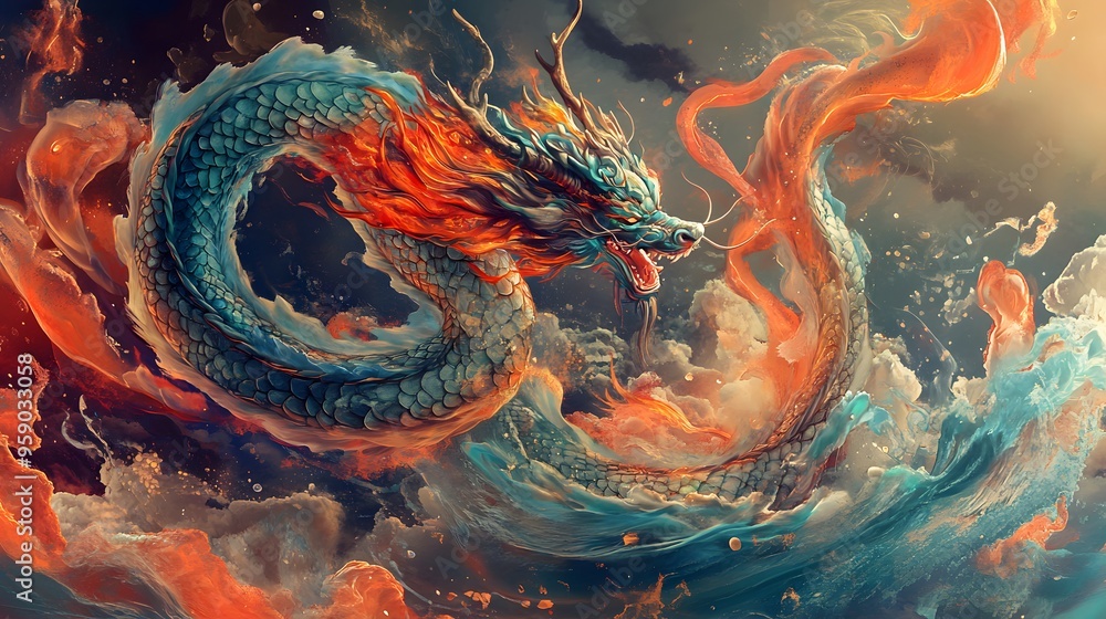 Chinese Zodiac Dragon with Fire and Water: A dragon intertwined with elements of fire and water, symbolizing its control over natural forces, illustrated in a dynamic and vibrant style.
Chinese Zodiac Dragon with Fire and Water: A dragon intertwined with elements of fire and water, symbolizing its control over natural forces, illustrated in a dynamic and vibrant style.