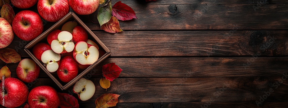 A wooden background with apples and leaves on the left side, a box of red apple slices in front A wooden background with apples and leaves on the left side, a box of red apple slices in front