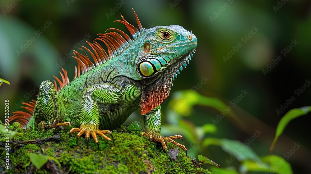 Obraz premium A vibrant iguana perched on a mossy surface in a lush environment.