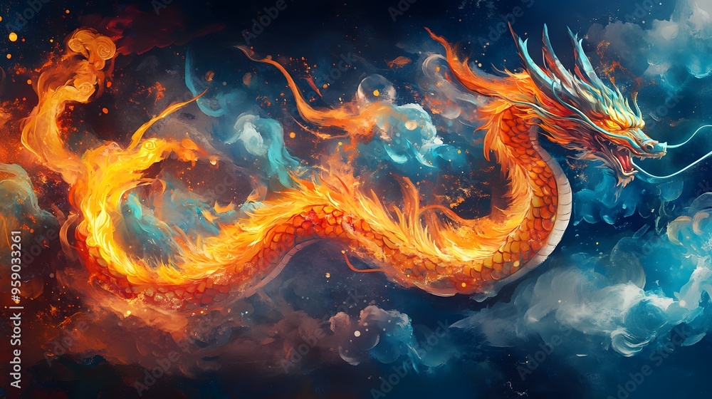 Chinese Zodiac Dragon with Fire and Water: A dragon intertwined with elements of fire and water, symbolizing its control over natural forces, illustrated in a dynamic and vibrant style.
Chinese Zodiac Dragon with Fire and Water: A dragon intertwined with elements of fire and water, symbolizing its control over natural forces, illustrated in a dynamic and vibrant style.