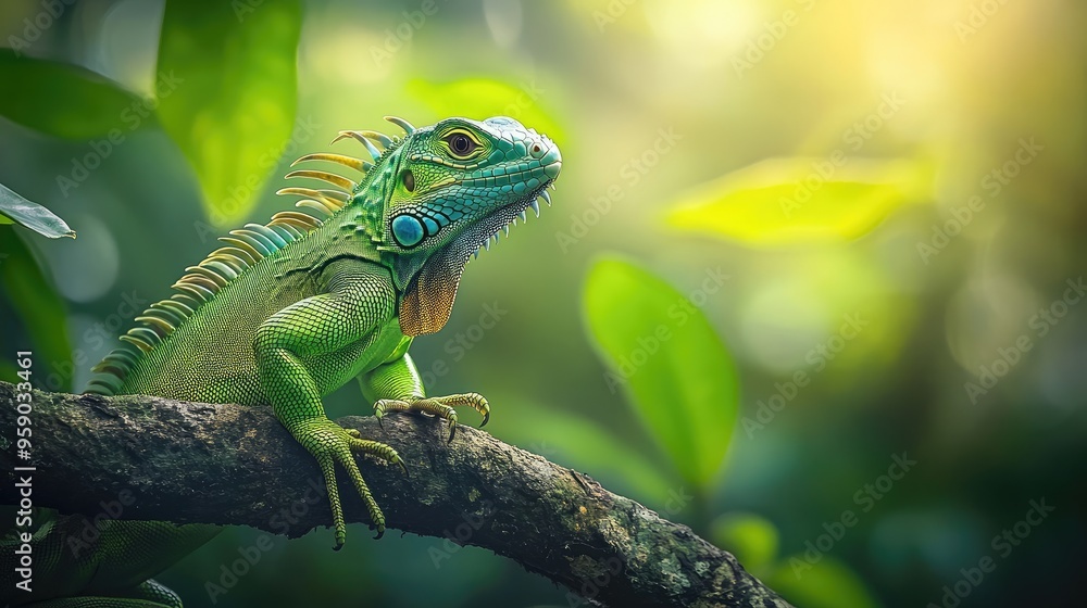 Fototapeta premium A vibrant green iguana perched on a branch amidst lush foliage in a sunlit environment.
