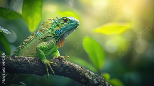 Wallpaper Mural A vibrant green iguana perched on a branch amidst lush foliage in a sunlit environment. Torontodigital.ca