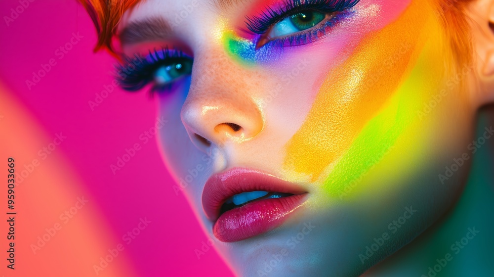 A close-up portrait of a person with artistic rainbow makeup illuminated by vibrant lighting against a bold background A close-up portrait of a person with artistic rainbow makeup illuminated by vibrant lighting against a bold background
