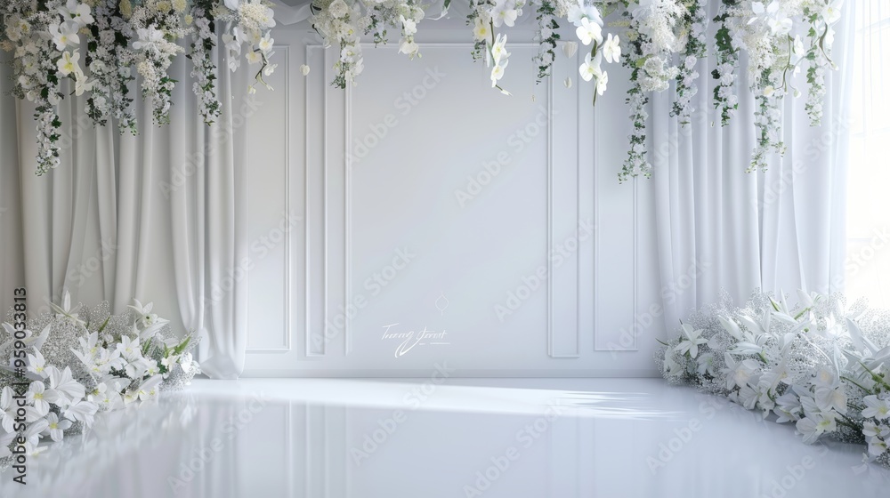 Elegant white wedding backdrop with floral accents and calligraphy for perfect themed celebrations Elegant white wedding backdrop with floral accents and calligraphy for perfect themed celebrations