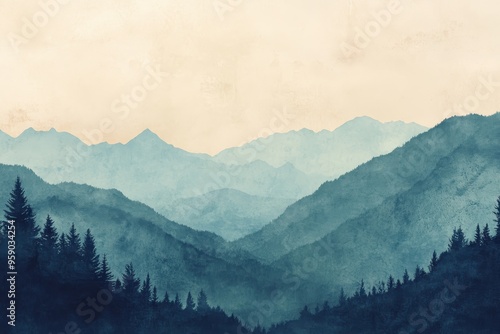 Watercolor Painting of a Mountain Range with a Forest in the Foreground photo