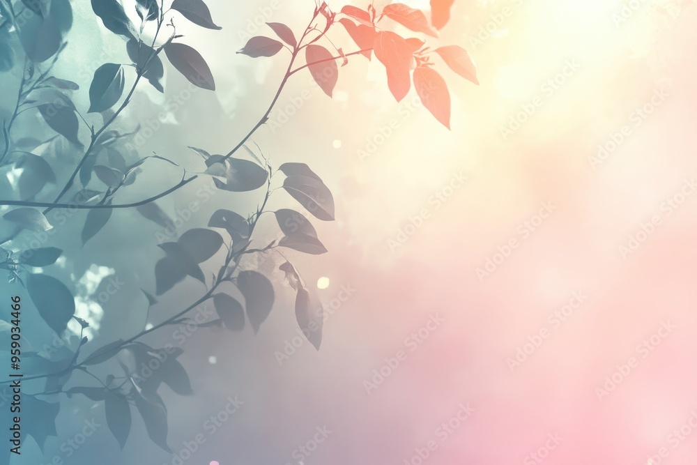 Silhouetted Branch with Delicate Leaves Against a Soft, Pastel Sunset Sky Silhouetted Branch with Delicate Leaves Against a Soft, Pastel Sunset Sky