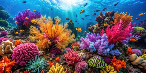 Vibrant coral reef scene featuring a kaleidoscope of colorful seaweed, sea fans, and sea anemones swaying gently in the ocean's current. photo