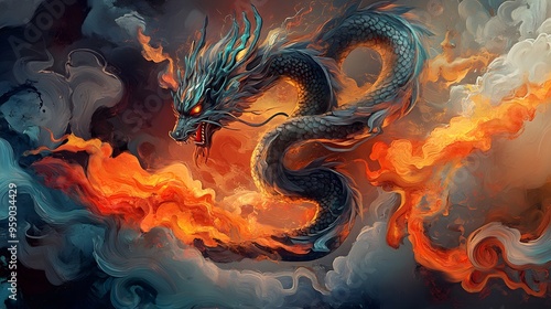 Chinese Zodiac Dragon with Fire and Water: A dragon intertwined with elements of fire and water, symbolizing its control over natural forces, illustrated in a dynamic and vibrant style. 