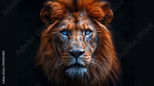 A majestic lion with blue eyes stares intently at the camera.