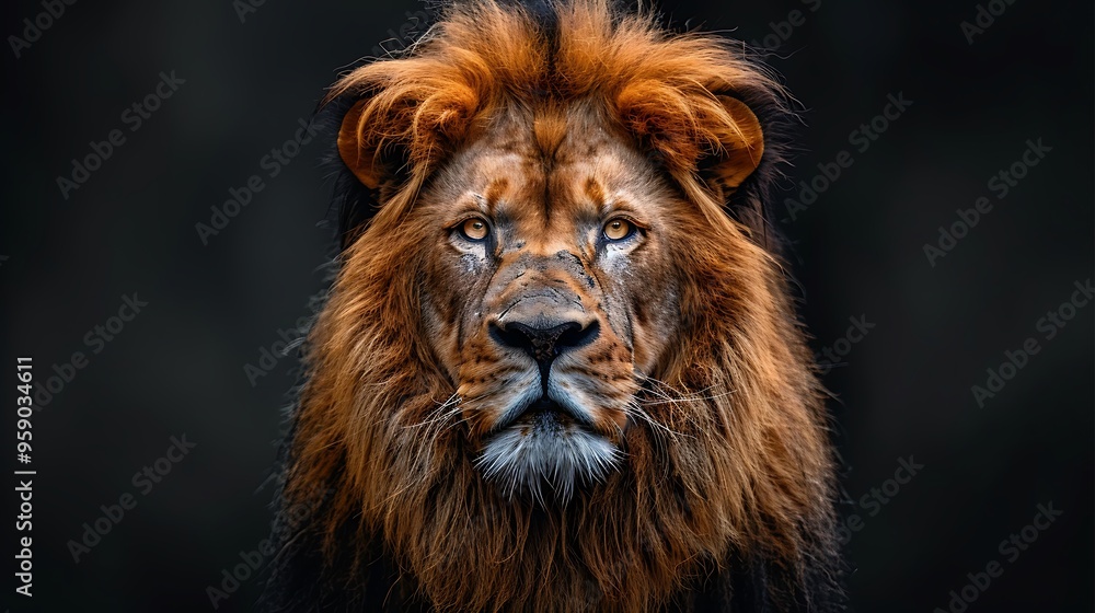 A majestic lion with a powerful stare, captured in a close-up shot with a dark background. A majestic lion with a powerful stare, captured in a close-up shot with a dark background.