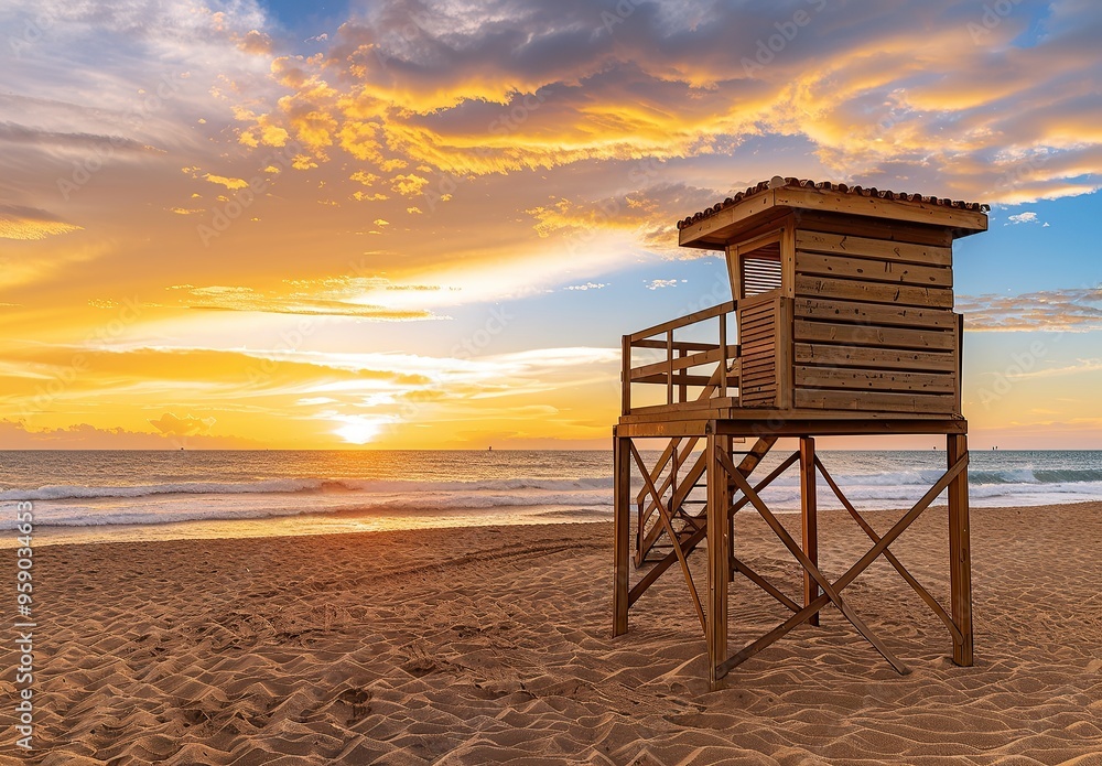 a wooden lifeguard tower at the beach, sunset in Seville Spain a wooden lifeguard tower at the beach, sunset in Seville Spain