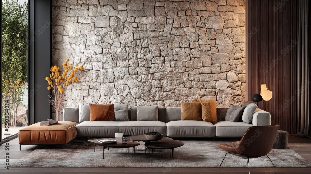 Modern Living Room with Stone Wall Modern Living Room with Stone Wall