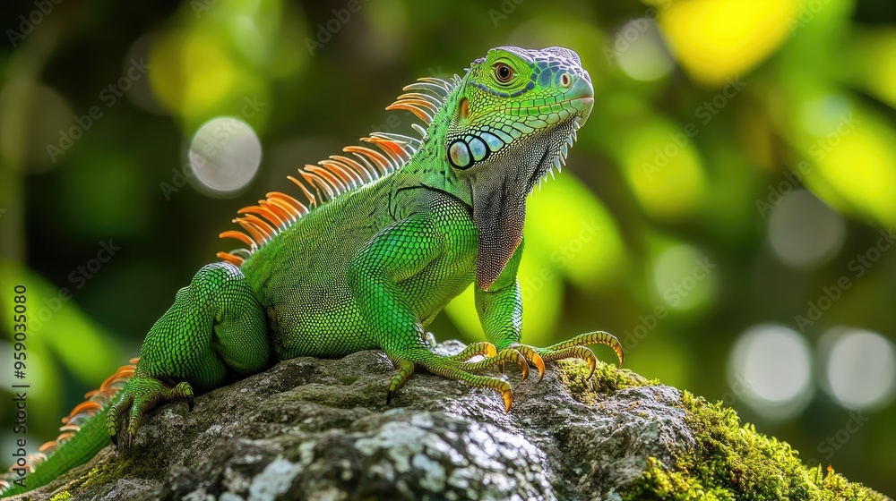 Fototapeta premium A vibrant green iguana perched on a rock, showcasing its colorful features in a natural setting.