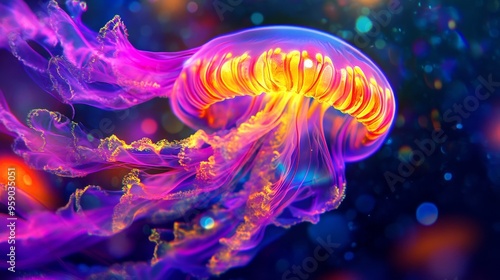 A vibrant, bioluminescent jellyfish glows in a colorful underwater scene.