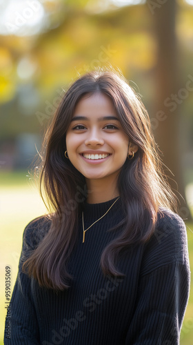 A professional photo of a smiling female student, 23 years old, with a slightly blurred park behind her