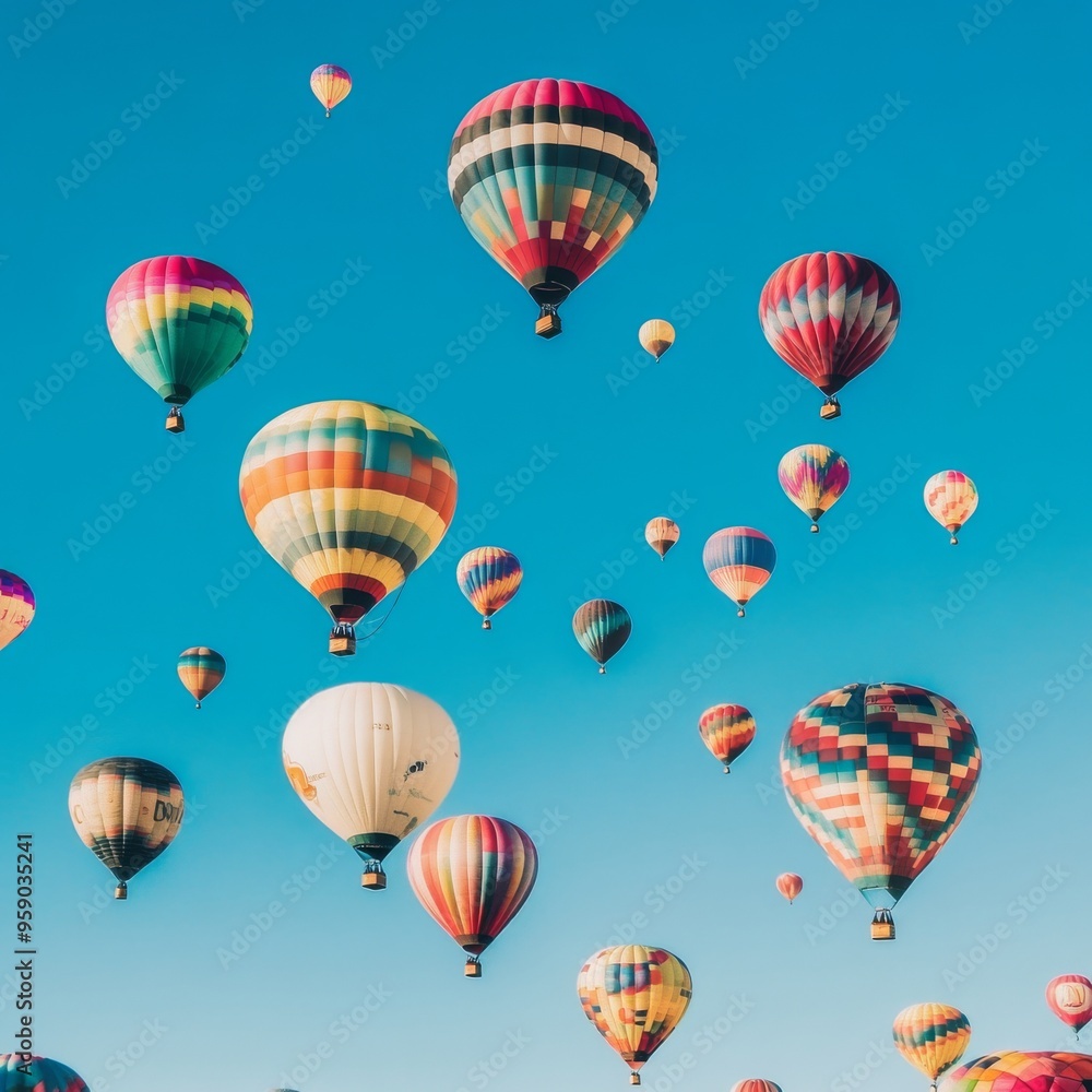 A vibrant array of colorful hot air balloons drift across a clear blue sky. A vibrant array of colorful hot air balloons drift across a clear blue sky.