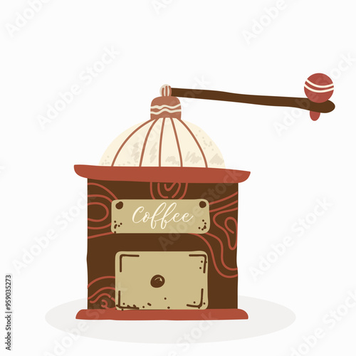 Manual Coffee Grinder with Wooden Case and Roasted Coffee Beans Vector Illustration