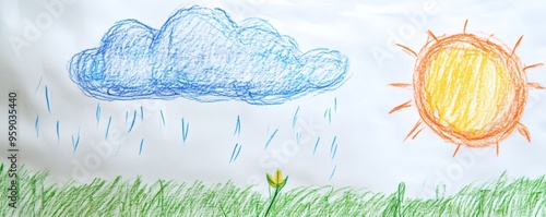 A child s drawing of a sunny day with a raincloud, vibrant colors, high contrast, ample bottom copy space photo