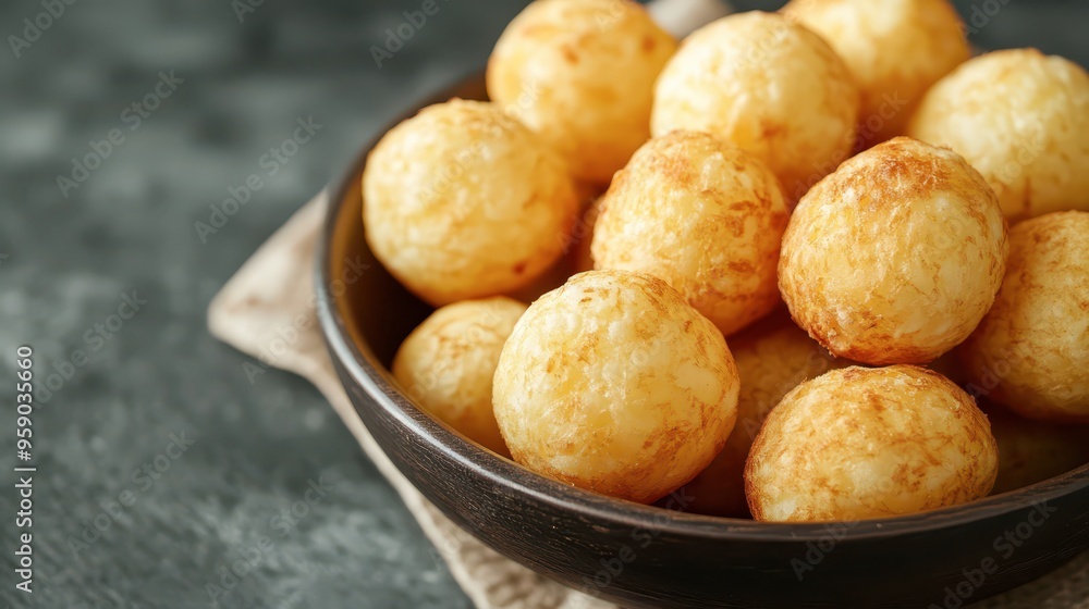 Golden cheese balls served in a rustic bowl on a textured surface Golden cheese balls served in a rustic bowl on a textured surface