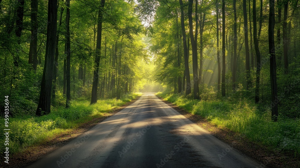 Sunlight through the Trees on a Winding Forest Road Sunlight through the Trees on a Winding Forest Road
