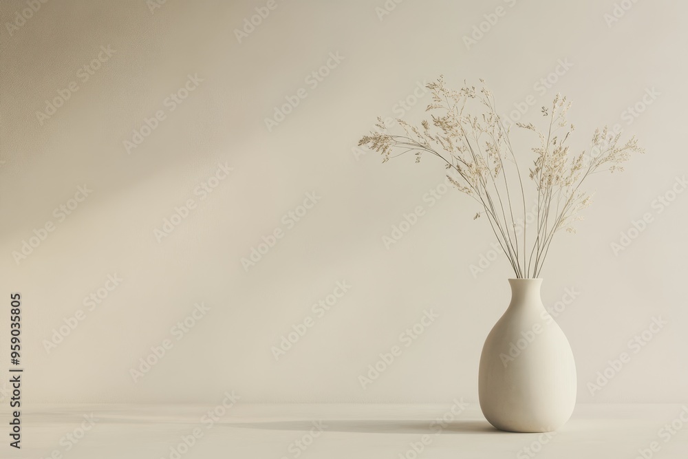 Dried Grass Sprigs in White Vase Against a Light Beige Wall Dried Grass Sprigs in White Vase Against a Light Beige Wall