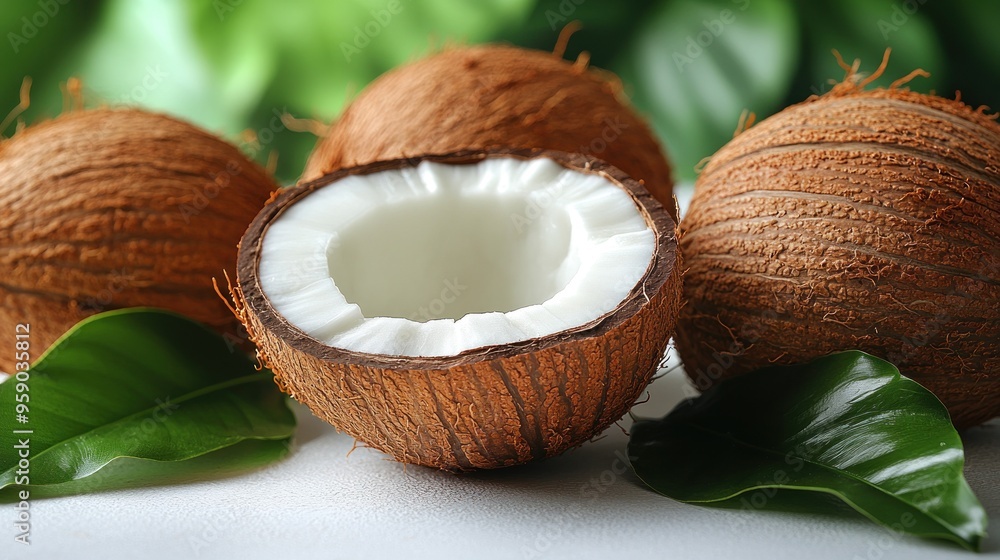 Fresh Coconuts with Leaves Fresh Coconuts with Leaves