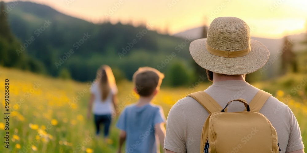 In a summer field, a hipster family walks.