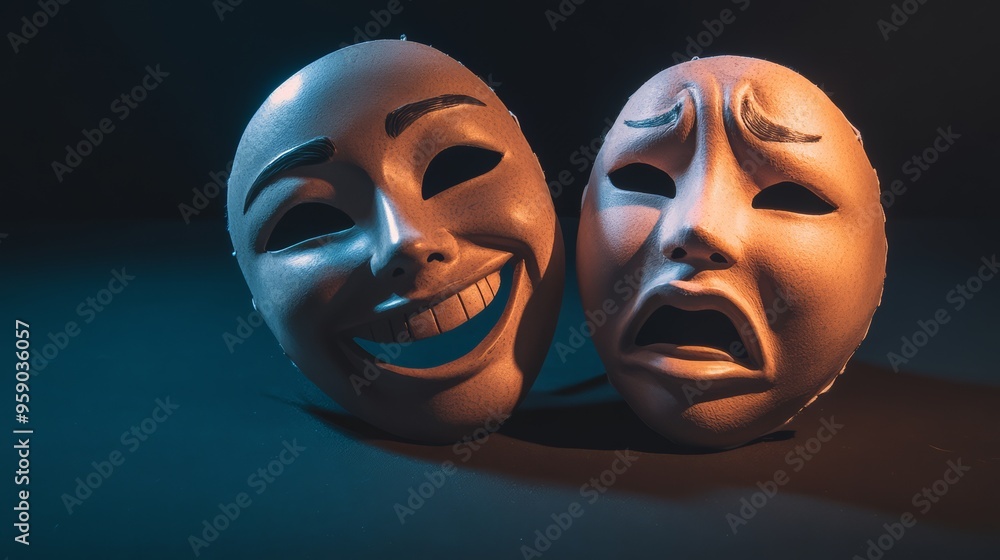 A smiling face mask beside a crying one, theater style, dramatic lighting, centered with top copy space A smiling face mask beside a crying one, theater style, dramatic lighting, centered with top copy space