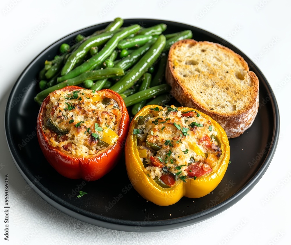 Stuffed peppers with green beans and a slice of bread on a black plate, set against a white background for a clean food presentation. Stuffed peppers with green beans and a slice of bread on a black plate, set against a white background for a clean food presentation.