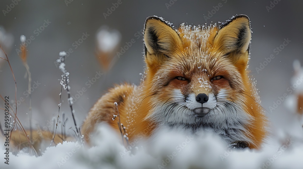 Fototapeta premium A red fox lies in the snow, looking directly at the camera with a playful expression.