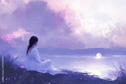 A Woman in White Gazes at the Moon Over a Lavender Lake