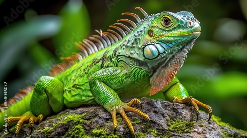 Wallpaper Mural A vibrant green iguana perched on a rock amidst lush foliage. Torontodigital.ca