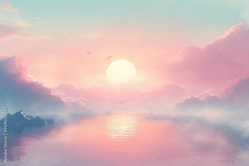 Serene Sunset Over Calm Water with Birds Flying
