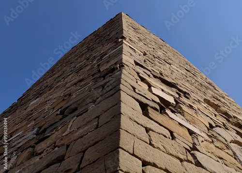 Remnants of Time: Stone Wall Clock Tower in Negotino, Macedonia Under Blue Sky photo