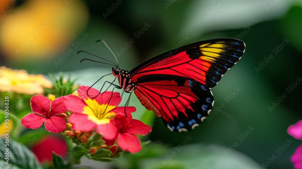 Fototapeta premium A vibrant red butterfly with black and yellow markings perches on a pink flower.