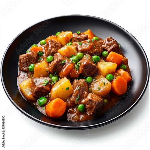 A comforting bowl of beef stew with tender chunks of beef, potatoes, carrots, and peas in a rich, savory gravy on a black plate.