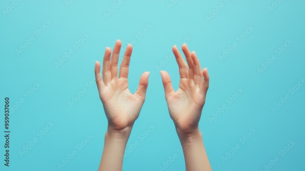 Two Open Hands Reaching Up Against a Blue Background Two Open Hands Reaching Up Against a Blue Background