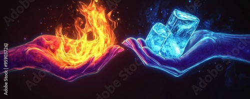 A hand holding fire in one palm and ice in the other, neon style, dark background, centerright copy space photo