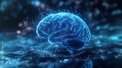 Digital brain network with glowing neural connections, futuristic artificial intelligence concept, AI technology, innovative neural pathways, blue tech landscape