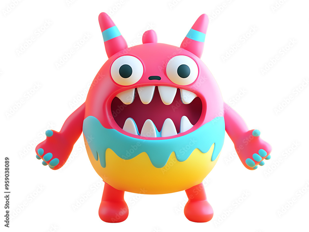 A bright and colorful 3d cartoon monster figure with large eyes and sharp teeth, perfect for children's illustrations and designs. A bright and colorful 3d cartoon monster figure with large eyes and sharp teeth, perfect for children's illustrations and designs.