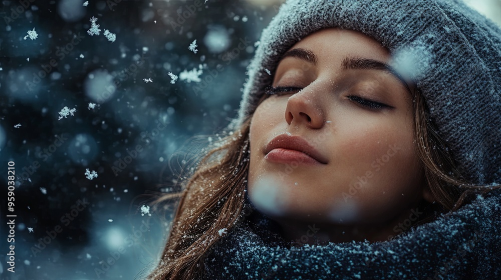 Young woman under falling snow - Young woman under falling snow -