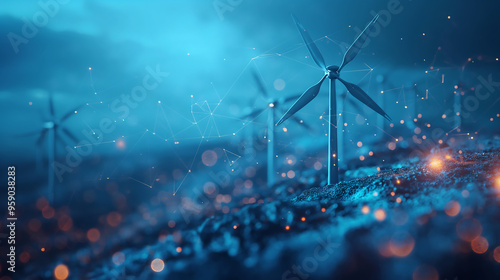 Futuristic wind energy technology, renewable power generation, digital transformation, sustainable green energy, modern wind turbines, smart grid innovation, environmental impact, AI in energy
 photo