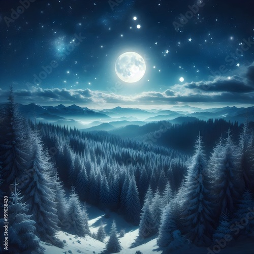  Christmas night landscape with snowy forest at full moon