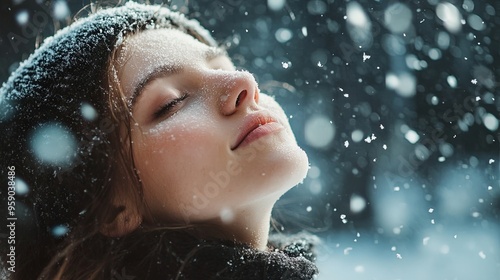 Young woman under falling snow -