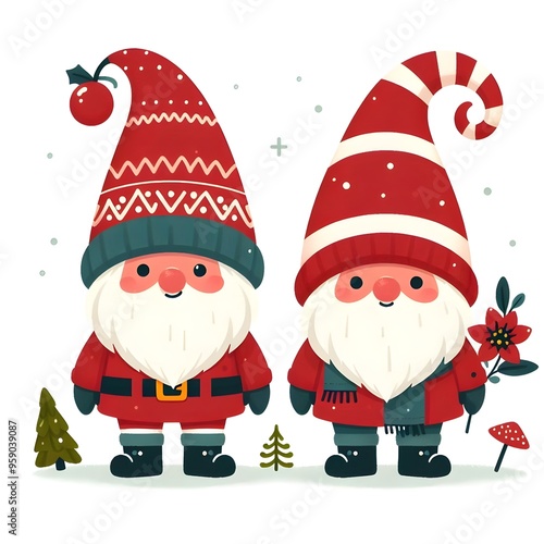 Cute gnomes in red santa hats on white background. Scandinavian christmas elves. Vector illustration in flat cartoon style. Nordic element design for greeting cards, season greetings, web, wrapper