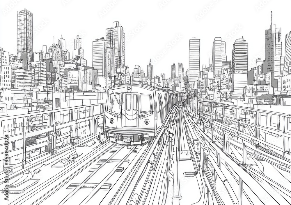 Line art illustration of a commuter rail system connecting to an urban city center Line art illustration of a commuter rail system connecting to an urban city center